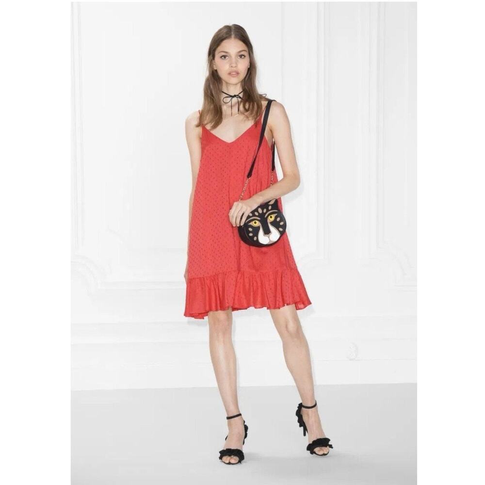 & Other Stories Plumeti Swiss Dot Coral Ruffle Slip Mini Dress Size 10